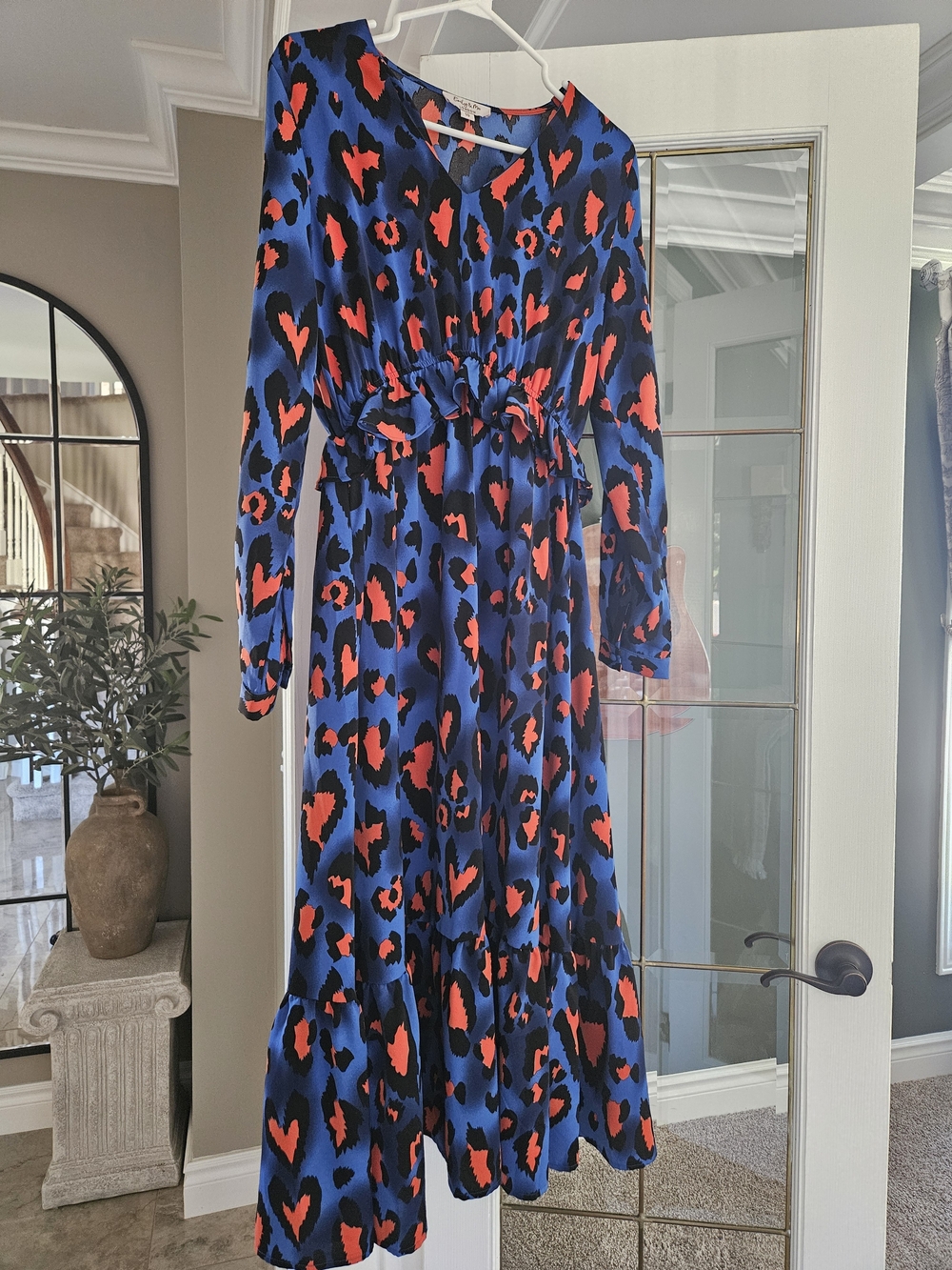 Blue and Red Long Sleeve Printed Midi Dress with Cinched Waist